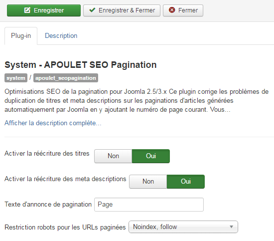 APOULET SEO Pagination - Screenshot Admin - Joomla! 3.6